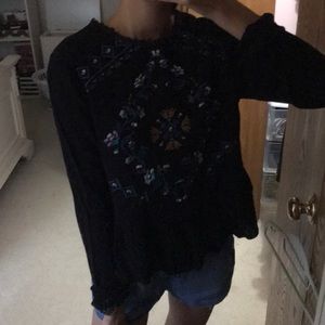 NWOT! Black Embroidered Ruffle Top
